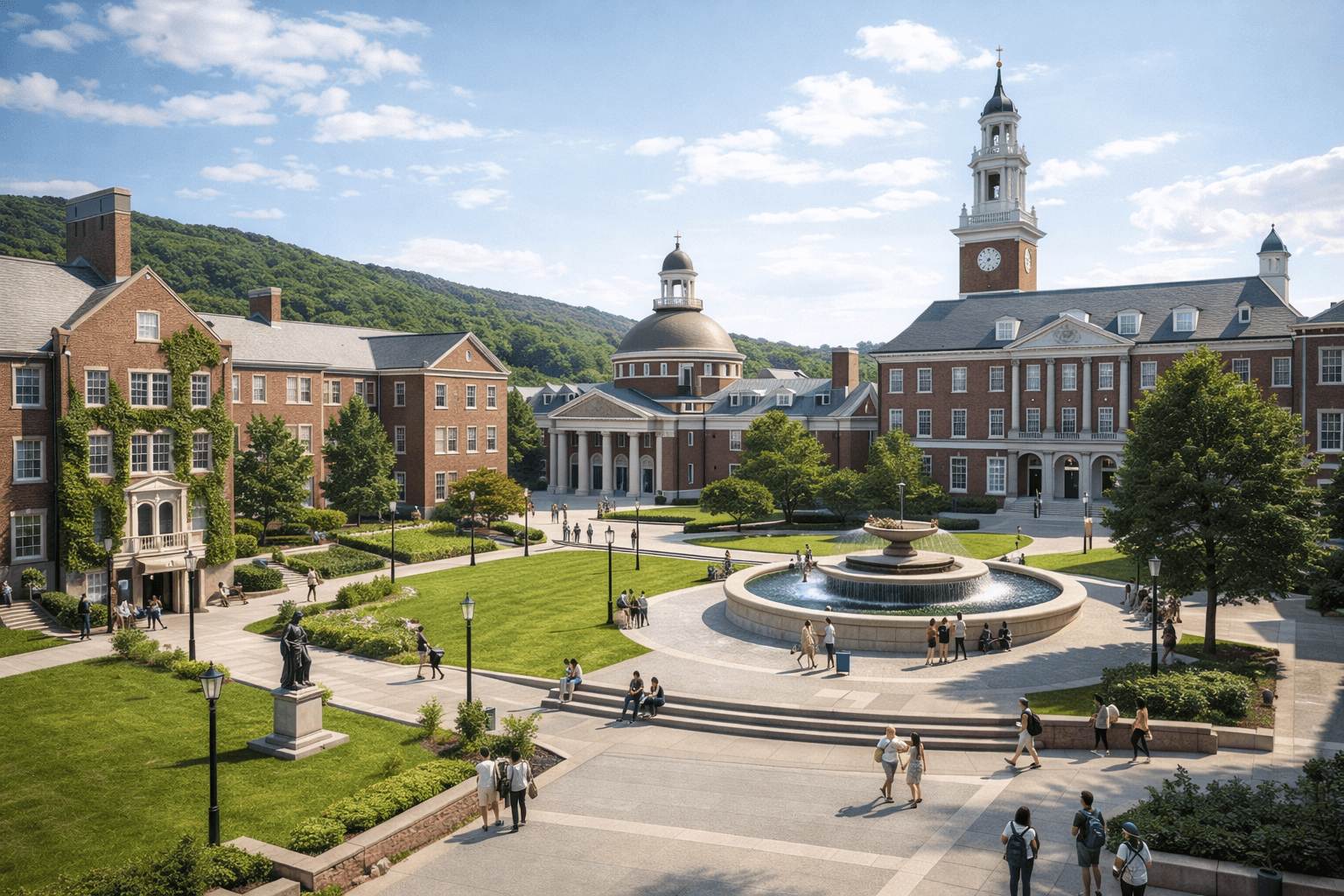 A modern university campus with students walking around.